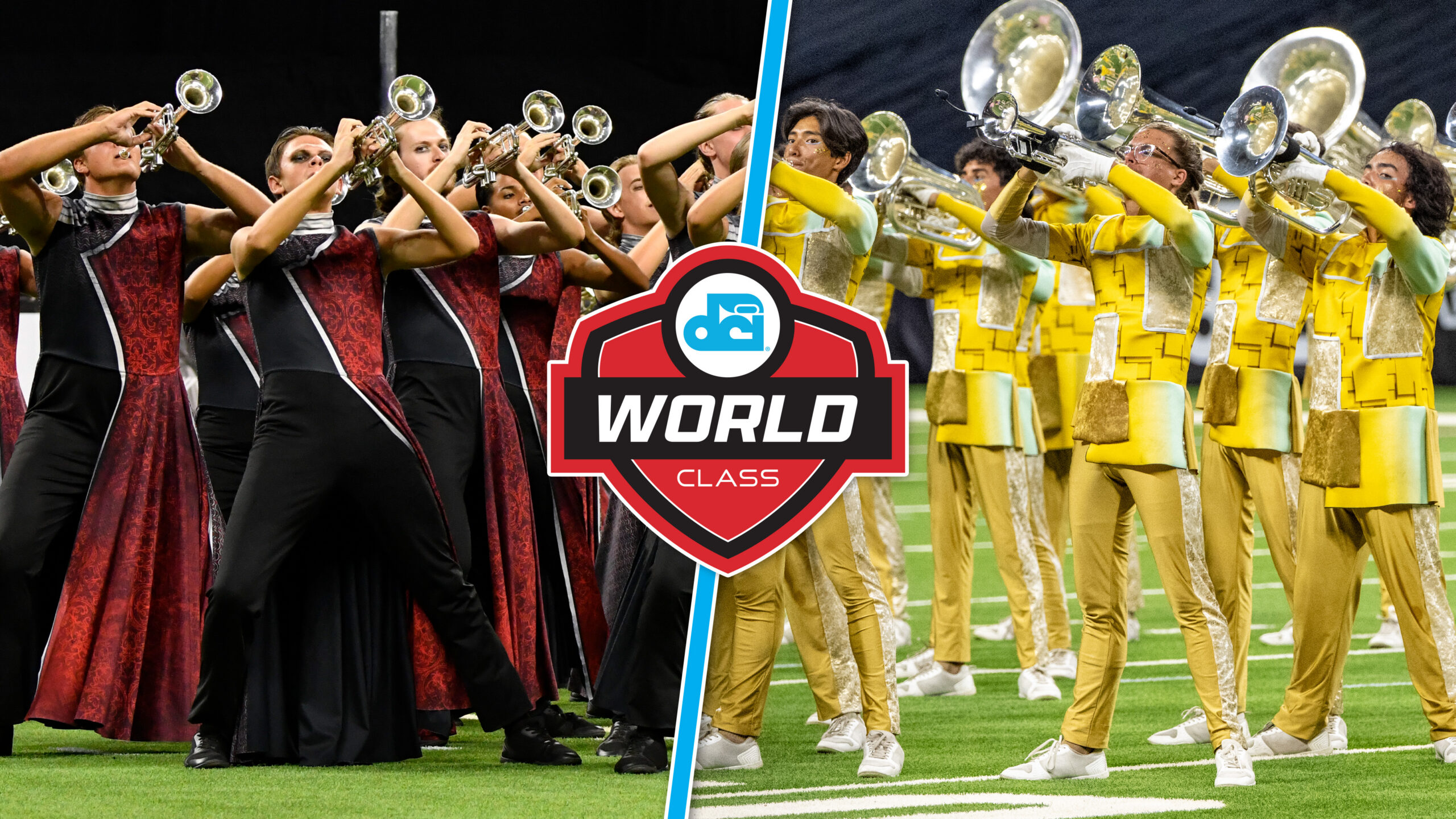 Gold and The Battalion brass performing, with the DCI World Class logo